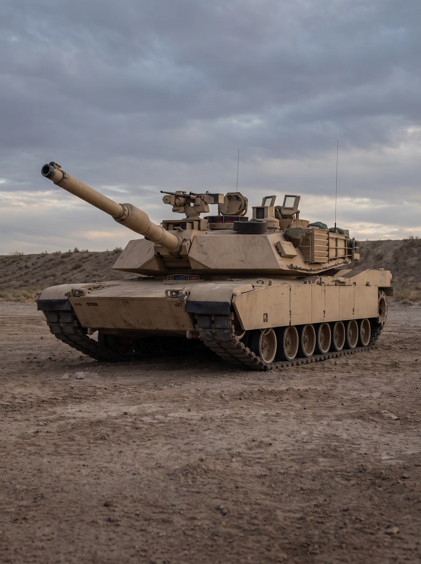 Generated photorealistic visualization of an M1A2 Abrams tank on a training range