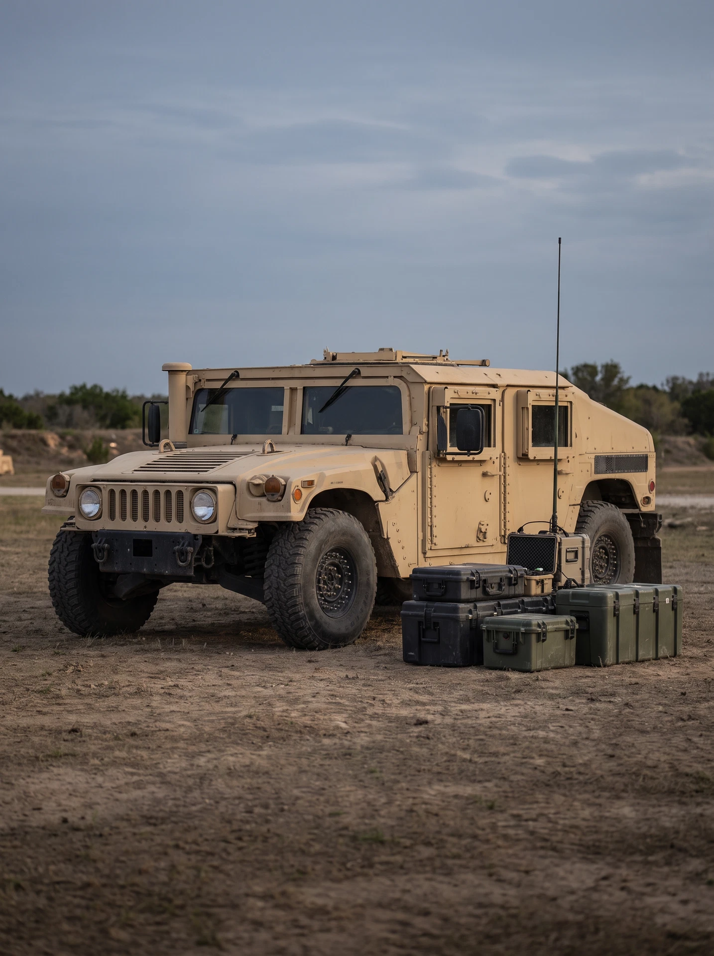 Generated photographic-style visualization of a Humvee with field communications and logistics equipment