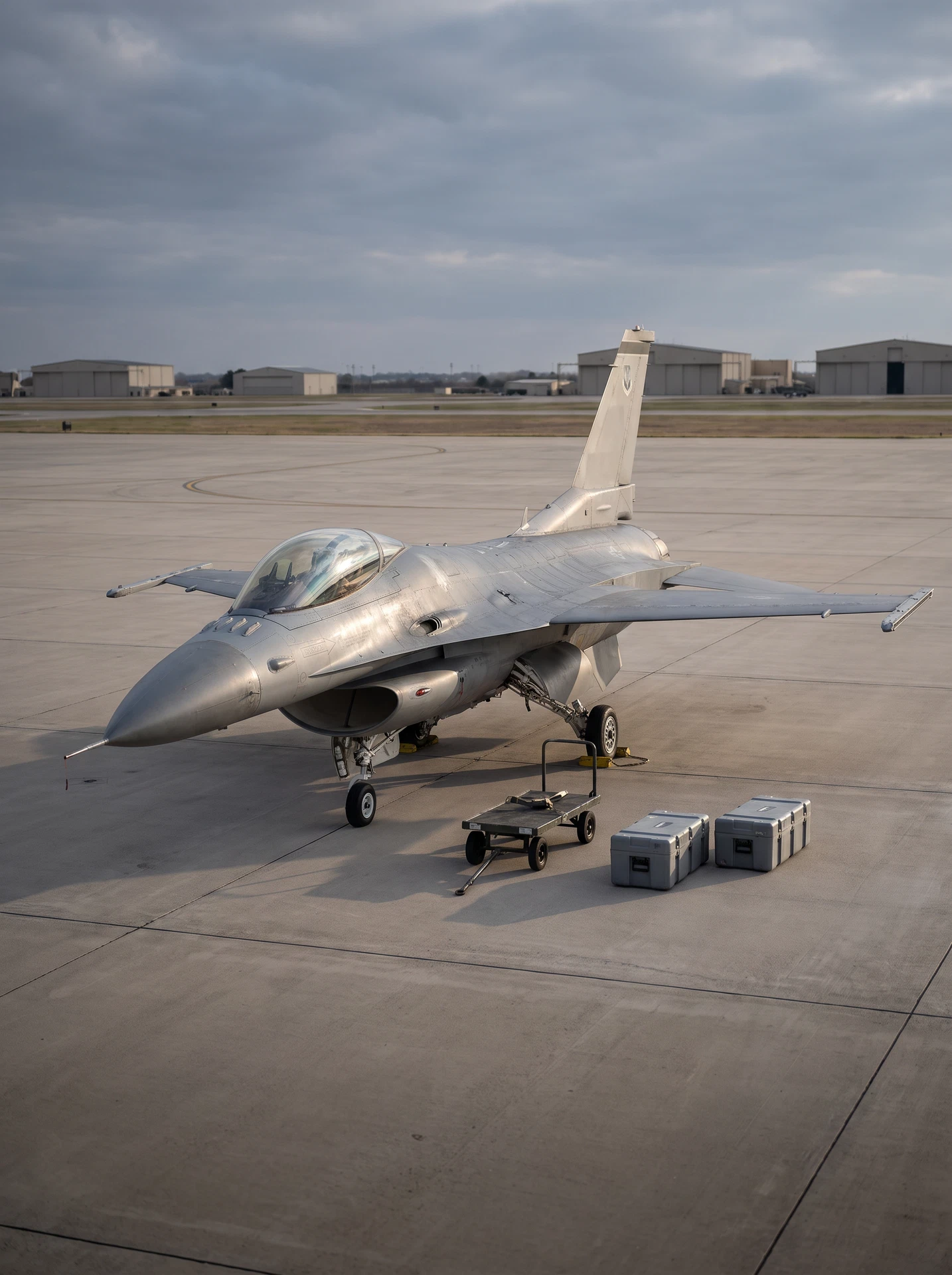 Generated photorealistic visualization of a complete F-16 with aircraft component transport cases