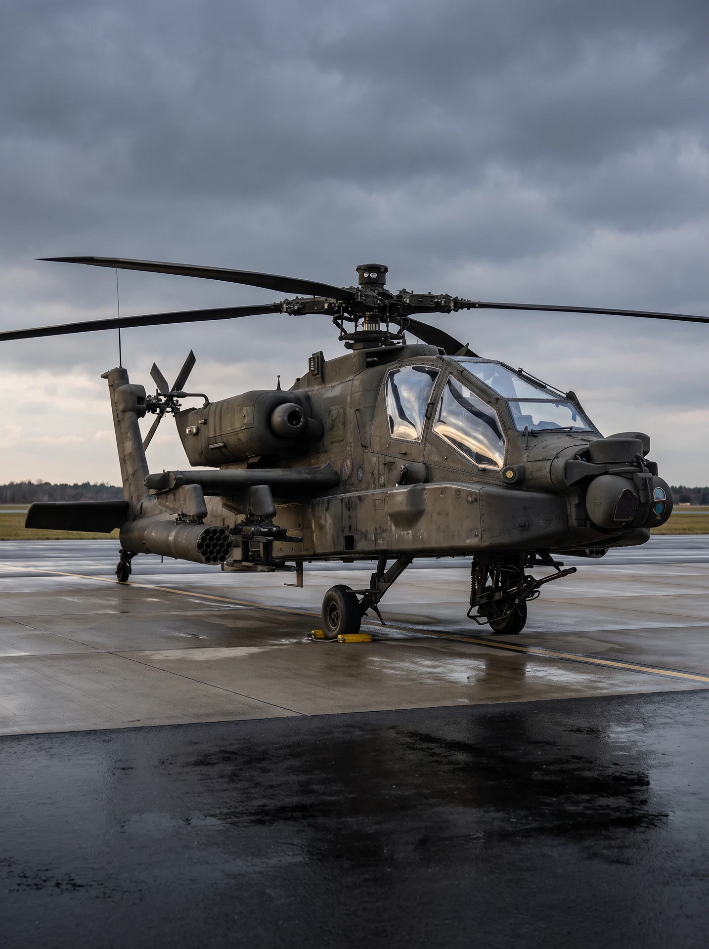 Generated photorealistic visualization of a complete AH-64 Apache helicopter