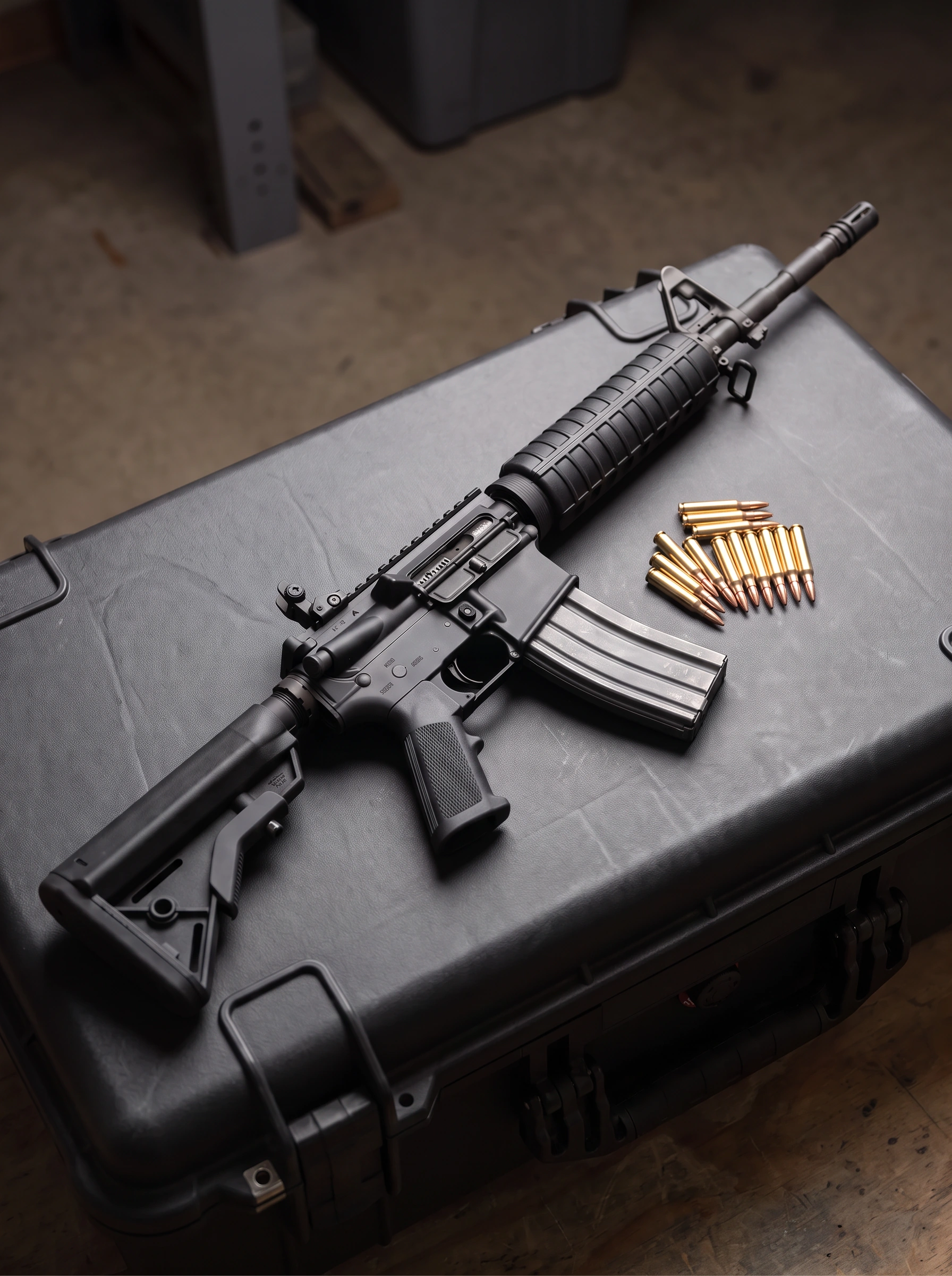 Generated professional product visualization of an M4-style carbine and rifle ammunition